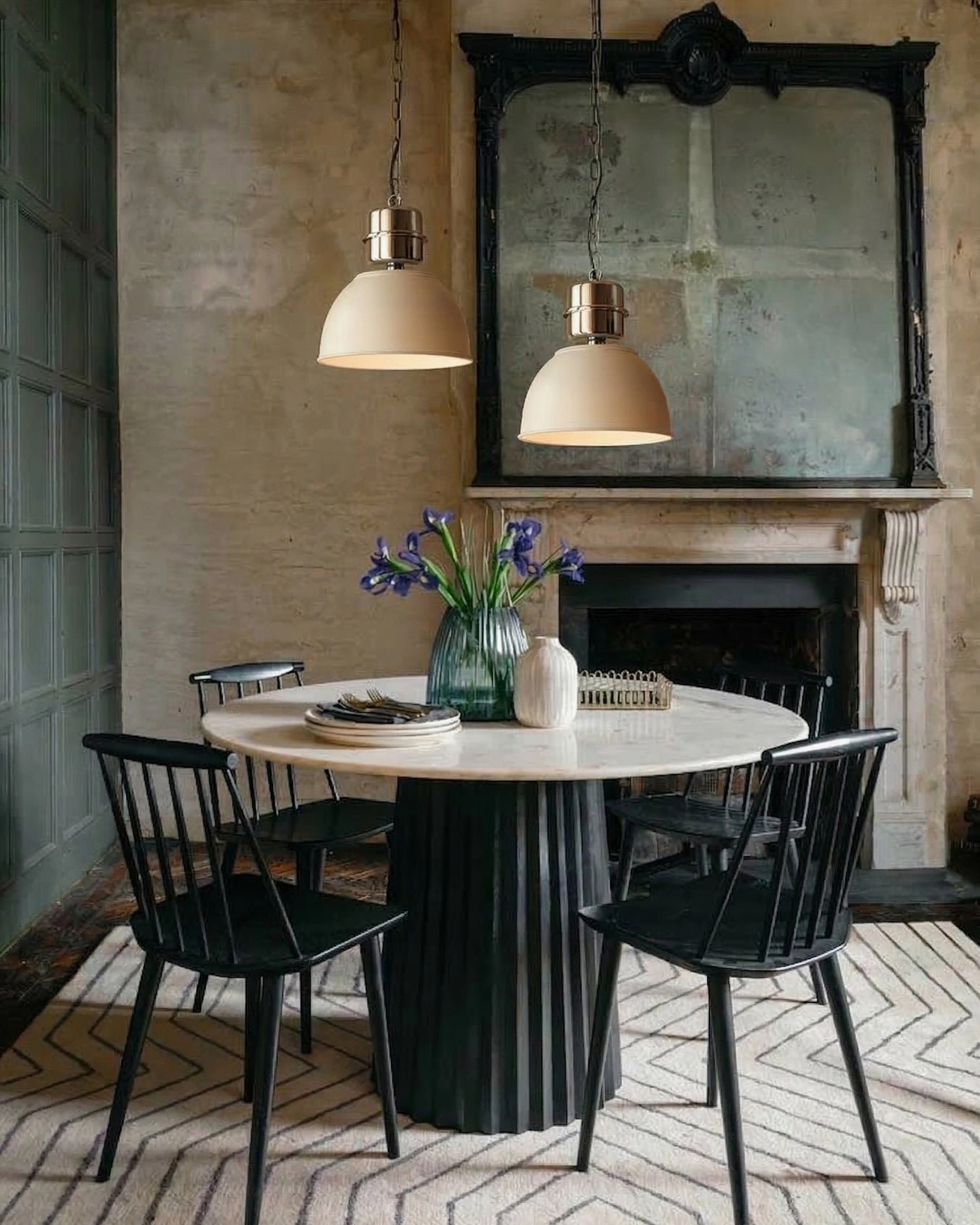 Off-white Minisol pendant lamps rustic vintage dining room with fireplace