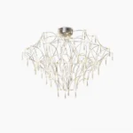 Mira modern crystal chandelier with cascading teardrop crystals and stainless steel framework, studio front view against white backdrop