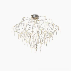 Mira modern crystal chandelier with cascading teardrop crystals and stainless steel framework, studio front view against white backdrop