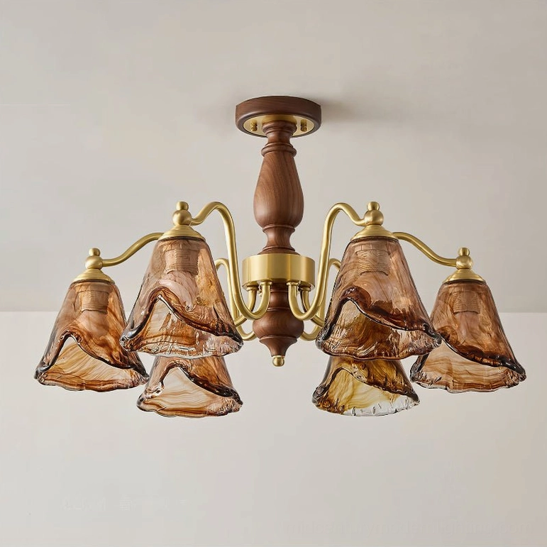 Mirabelle 6-light mid-century modern chandelier front flat view against off-white background showing walnut and brass construction