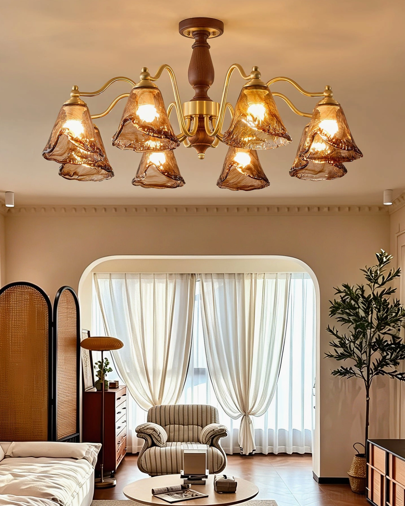Mirabelle 8-light mid-century chandelier glowing warmly in vintage living room setting with retro home decor and wood furnishings