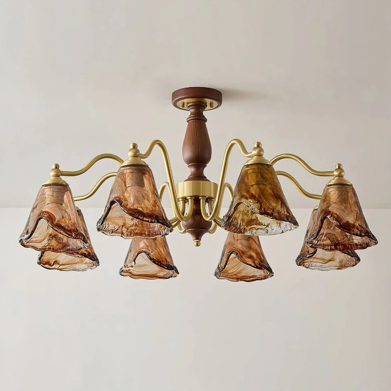 Mirabelle 8-light mid-century chandelier unlit showing textured rippled amber glass shades and walnut wood construction against white background