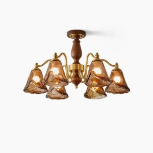 Mirabelle 8-light mid-century modern chandelier with walnut wood column and brushed brass arms, front overhead view against white studio background showing amber rippled glass shades