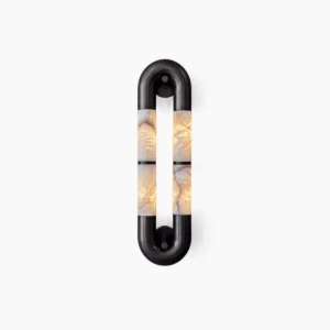 Mirabelle alabaster wall sconce with black metal chassis, front studio view showing four monolithic stone cylinders