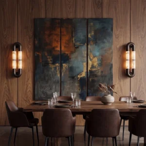 Pair of alabaster wall sconces flanking dining room, warm light illuminating luxury dark wood interior design