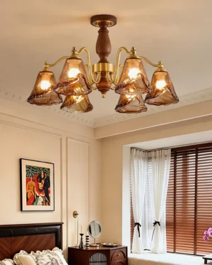 Mirabelle mid-century chandelier installed in vintage bedroom setting with warm amber lighting creating cozy retro home ambiance