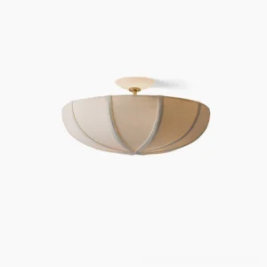 Miramar semi-flush ceiling mount with beige ribbed fabric shade and brass gold hardware, studio overhead view