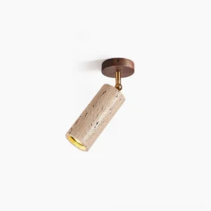 Mireille travertine ceiling light fixture showing cylindrical stone shade with adjustable brass joint and warm wood canopy, studio product shot on white background