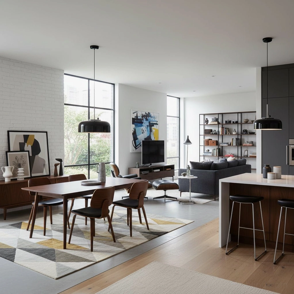 Dual black matte dome pendant lamps in open-plan modern apartment living and dining area
