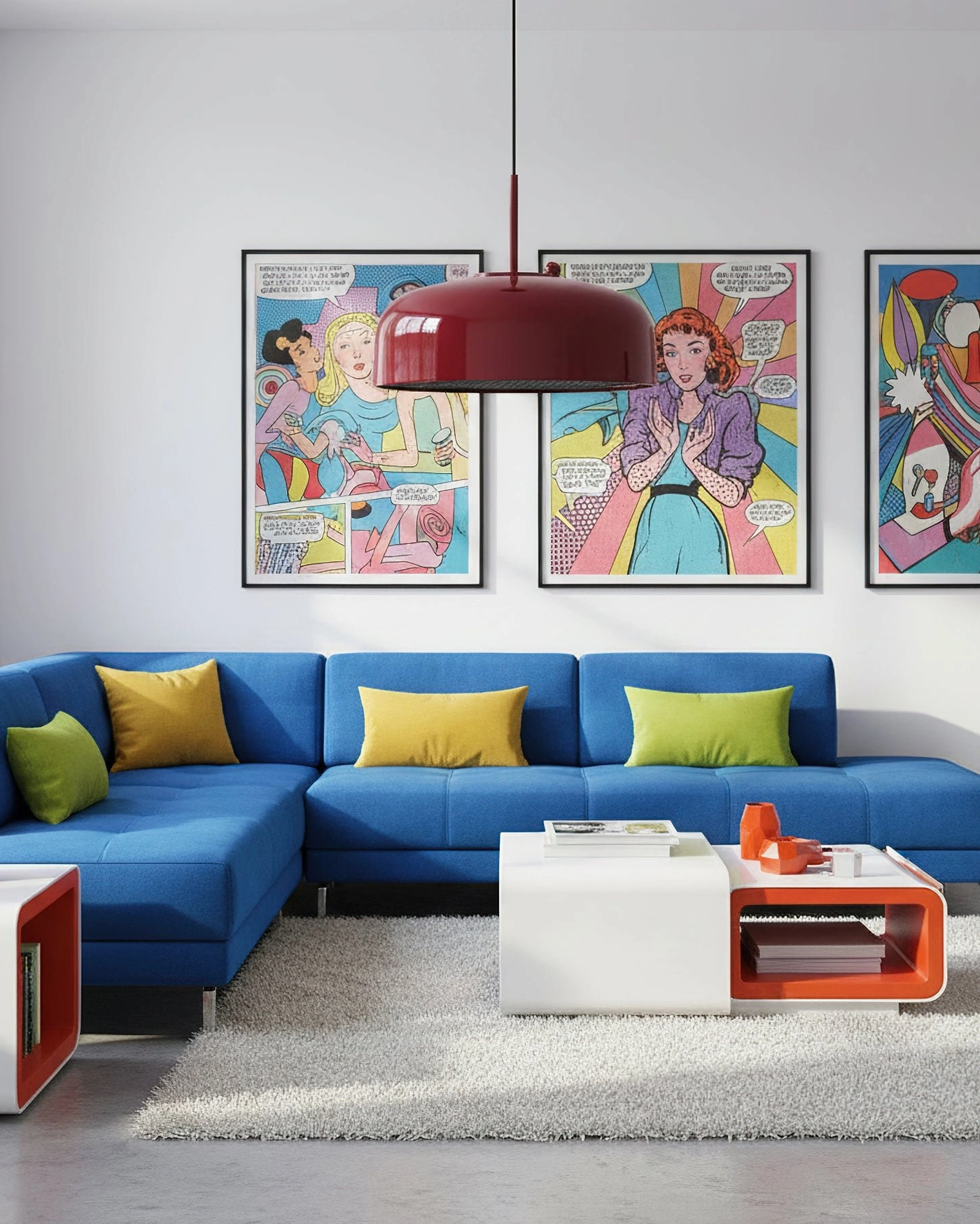 Burgundy dome pendant light in contemporary living room with bold pop art wall art decoration