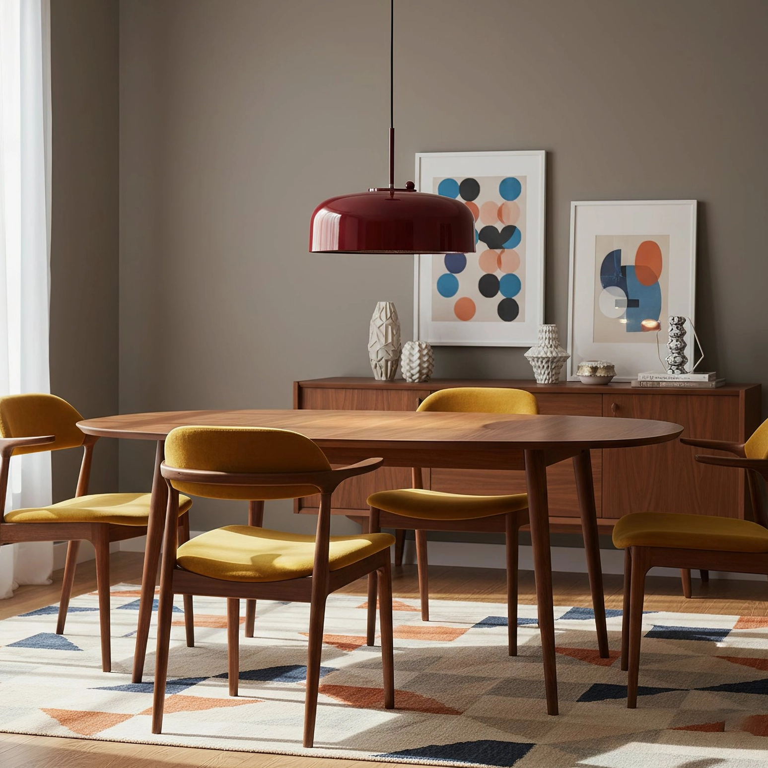 Burgundy dome pendant light above dining table in pop art modern living room with comic wall decor