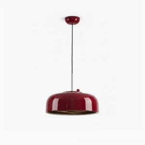 Burgundy red dome pendant light with glossy metal finish and black inner trim, studio photography