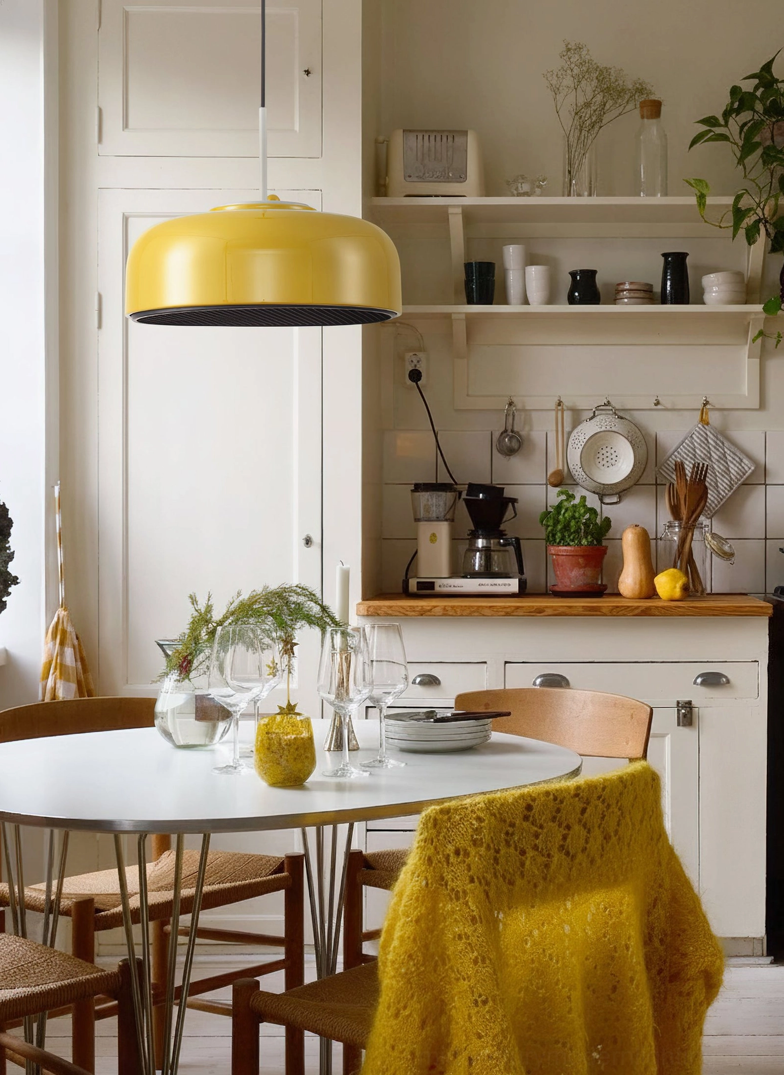 Mustard yellow dome pendant light in Scandinavian kitchen diner with bright minimalist design