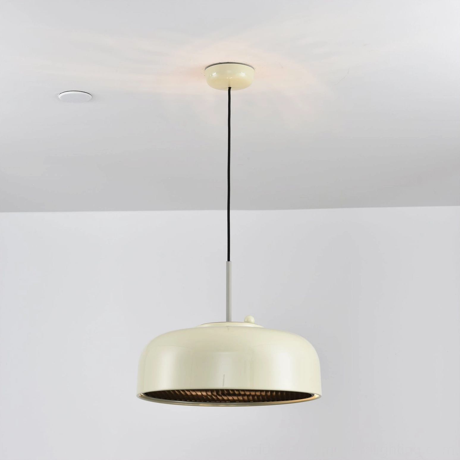 Off-white glossy dome pendant light with black inner trim, frontal studio shot