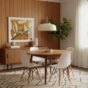 Off-white matte dome pendant light in mid-century modern minimalist dining room setting