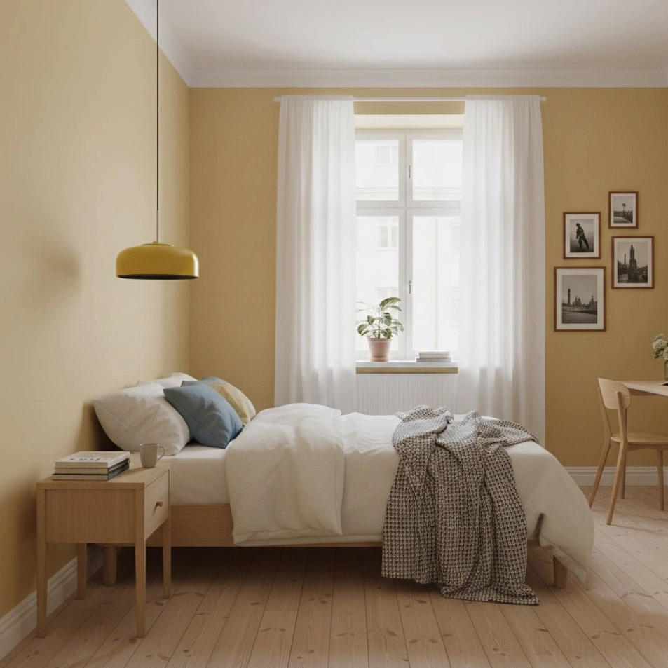 Mustard yellow metal dome pendant in warm minimalist bedroom with neutral tones and soft lighting