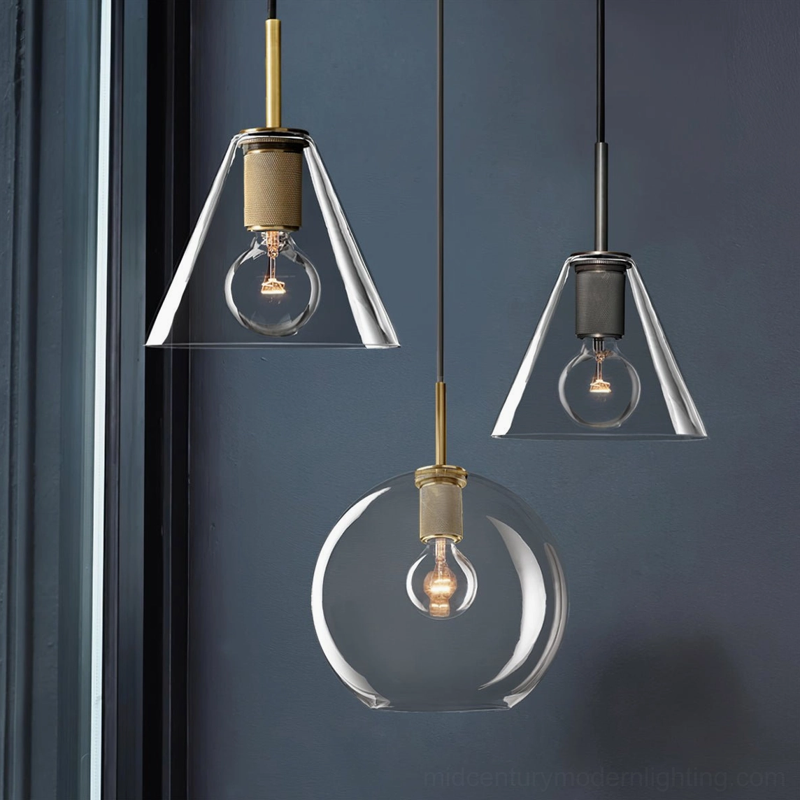 Mixed style mid-century pendant lamps in window wall installation