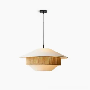 Mixed woven pendant light with natural rattan band and white fabric shade, front overhead studio view