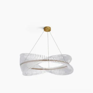Modern Möbius strip crystal chandelier with gold metal frame and clear acrylic elements, studio front view on white background