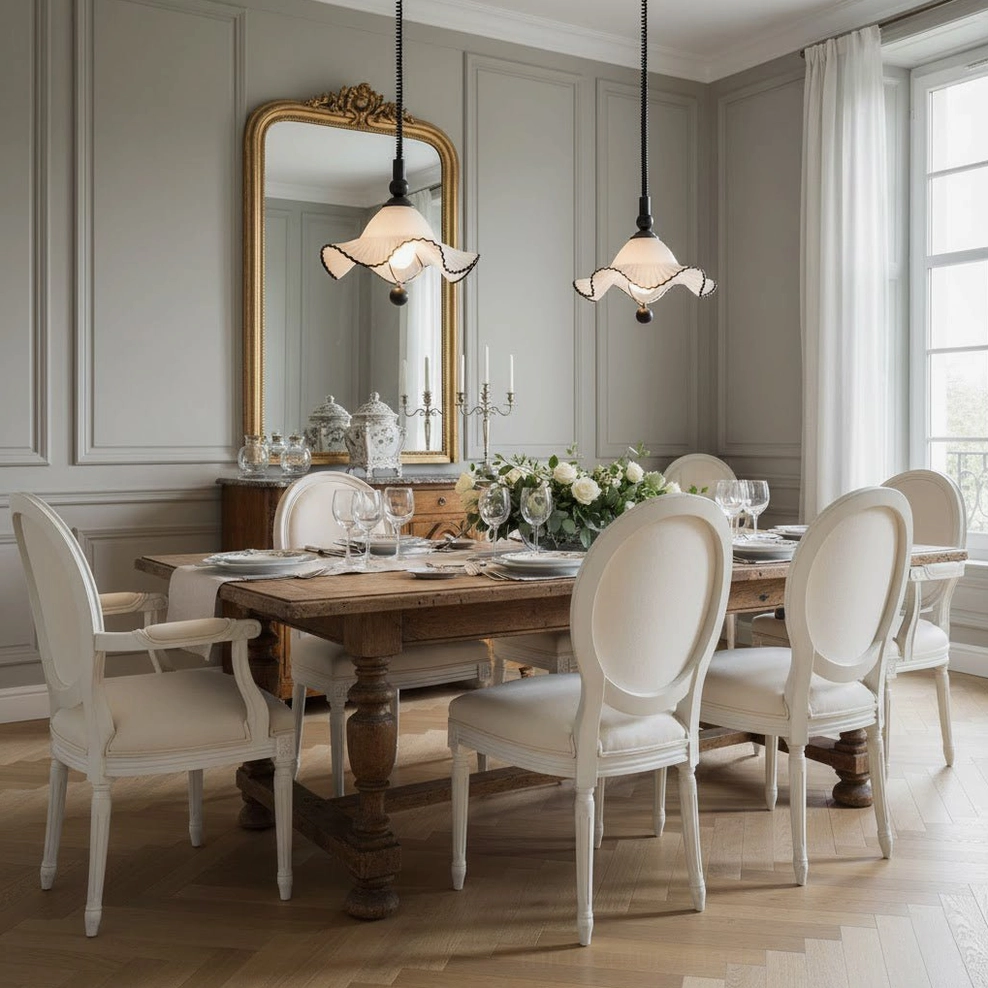 Two Mobo Pendant Lights above vintage dining table - elegant dining room fixture with antique mirror decor