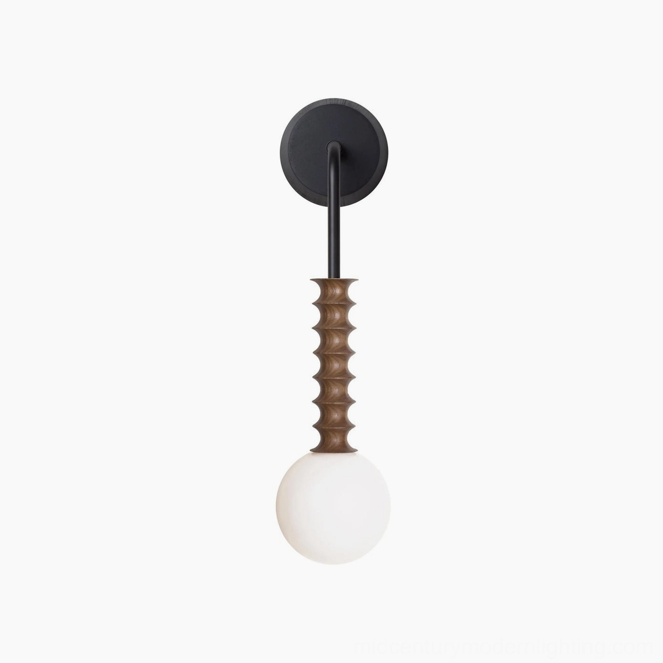 Mobo mid-century modern wall sconce with frosted globe and sculptural metal arm, complete fixture view