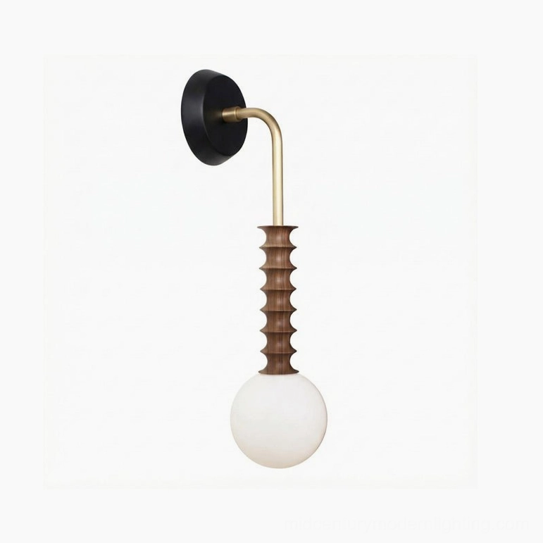 Mobo wall lamp with brushed brass arm and geometric design, side profile view on white background