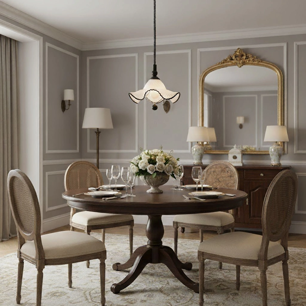 Mobo Pendant Light in formal dining room - mid-century modern fixture above gray paneled wall French country style