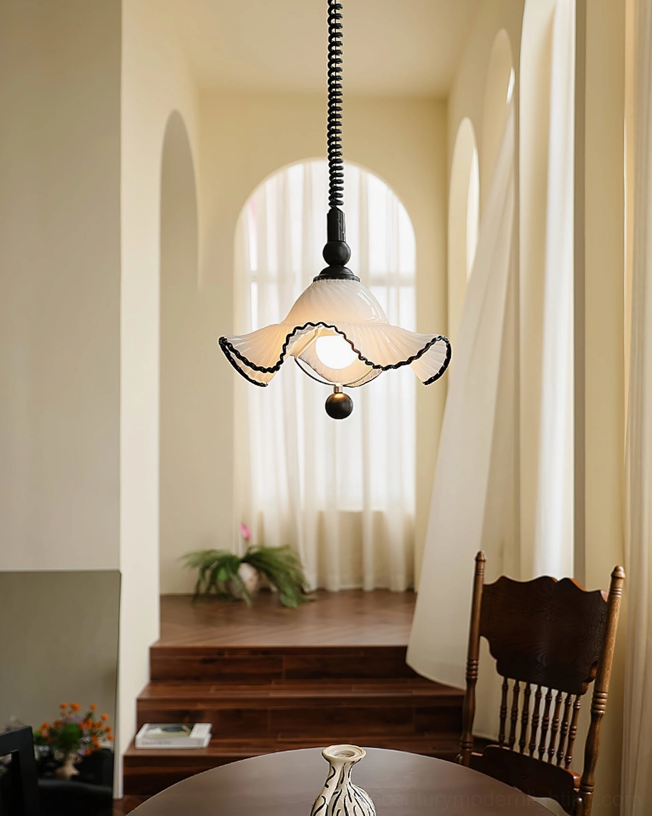 Mobo Vintage French Pendant Light entryway - ruffled glass shade sunlit arched window wooden stairs