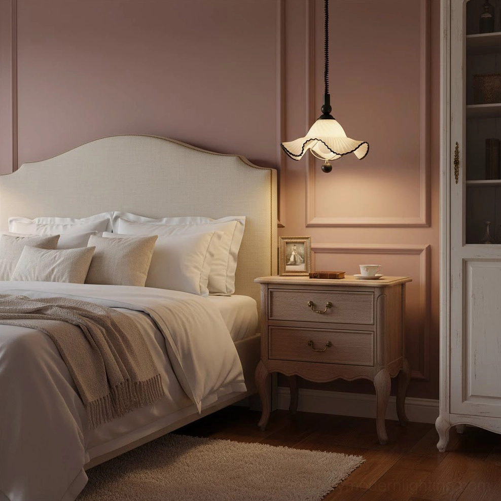 Mobo Pendant Light in romantic pink bedroom - vintage glass shade warm neutral home interior ambiance