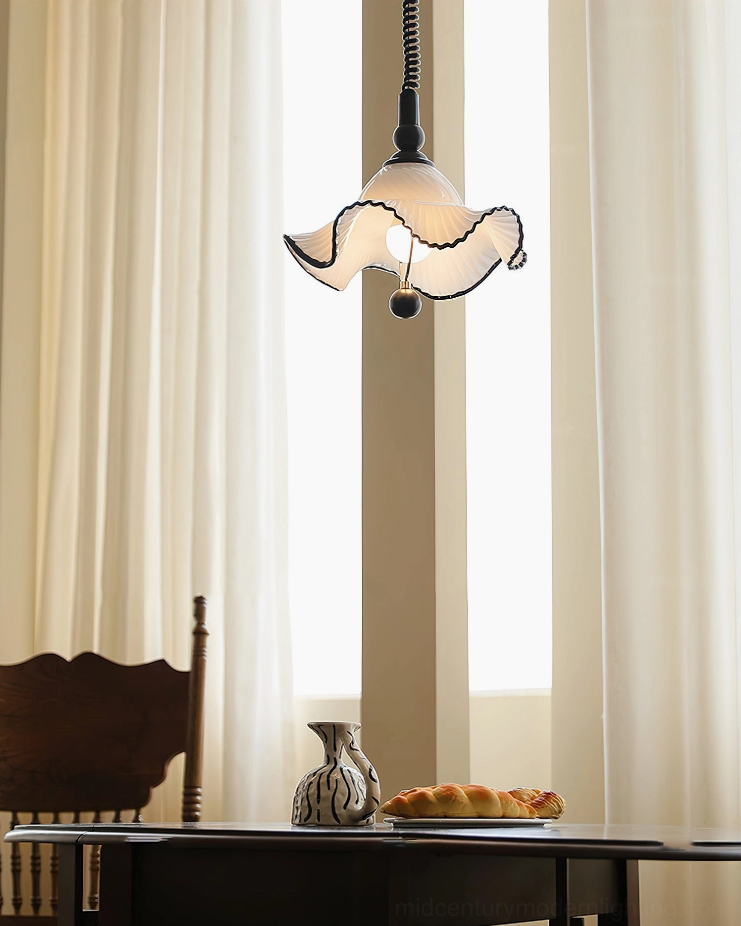 Mobo Ruffled Glass Pendant Light high angle detail shot - fluted glass edges black trim metal frame closeup