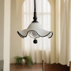 Mobo Vintage French Pendant Light installed near window - warm indoor lighting closeup with black spherical detail