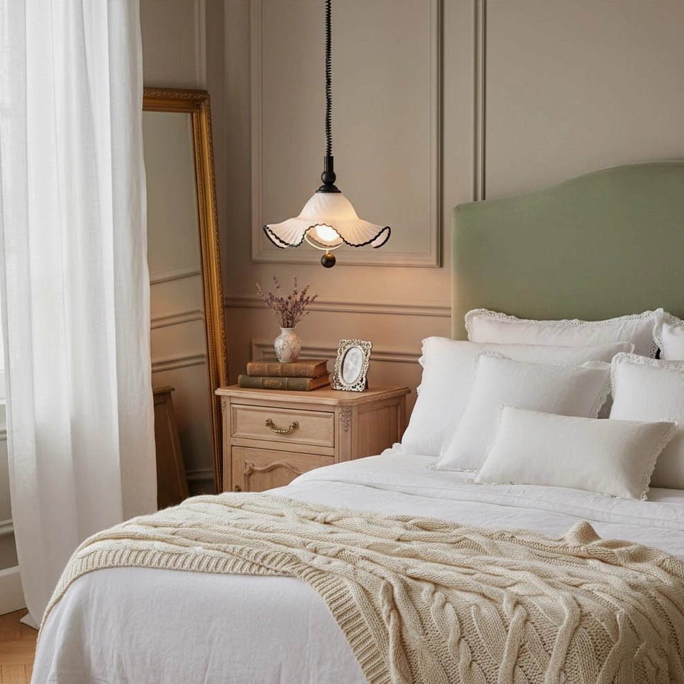 Mobo Ruffled Pendant Light minimalist bedroom - modern mid-century fixture green headboard light wood