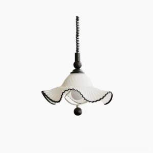 Mobo Ruffled Glass Pendant Light frontal view - white glass shade with black trim and sleek metal hardware
