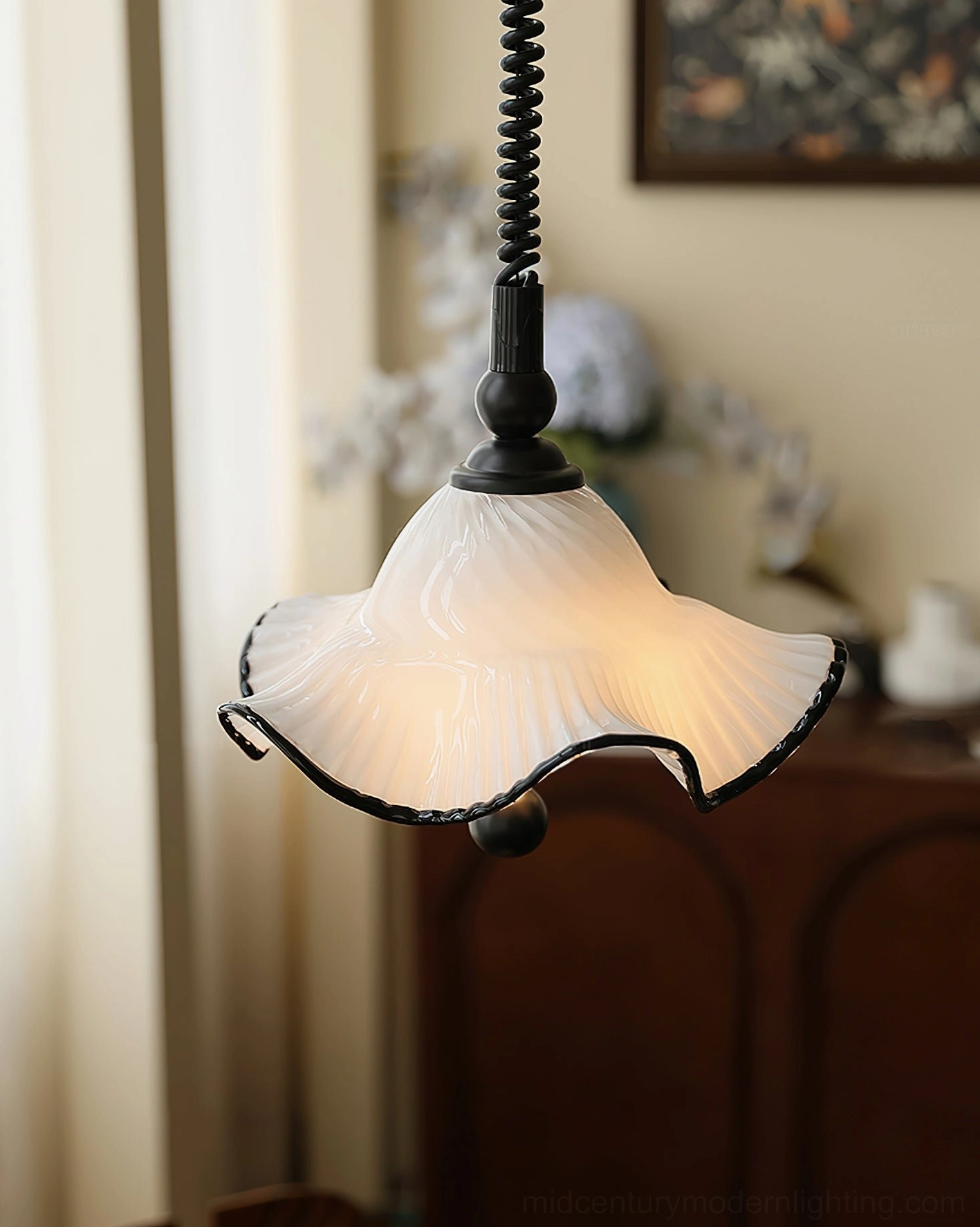 Mobo Vintage Glass Pendant Light ambient room view - warm diffused lighting elegant interior atmosphere