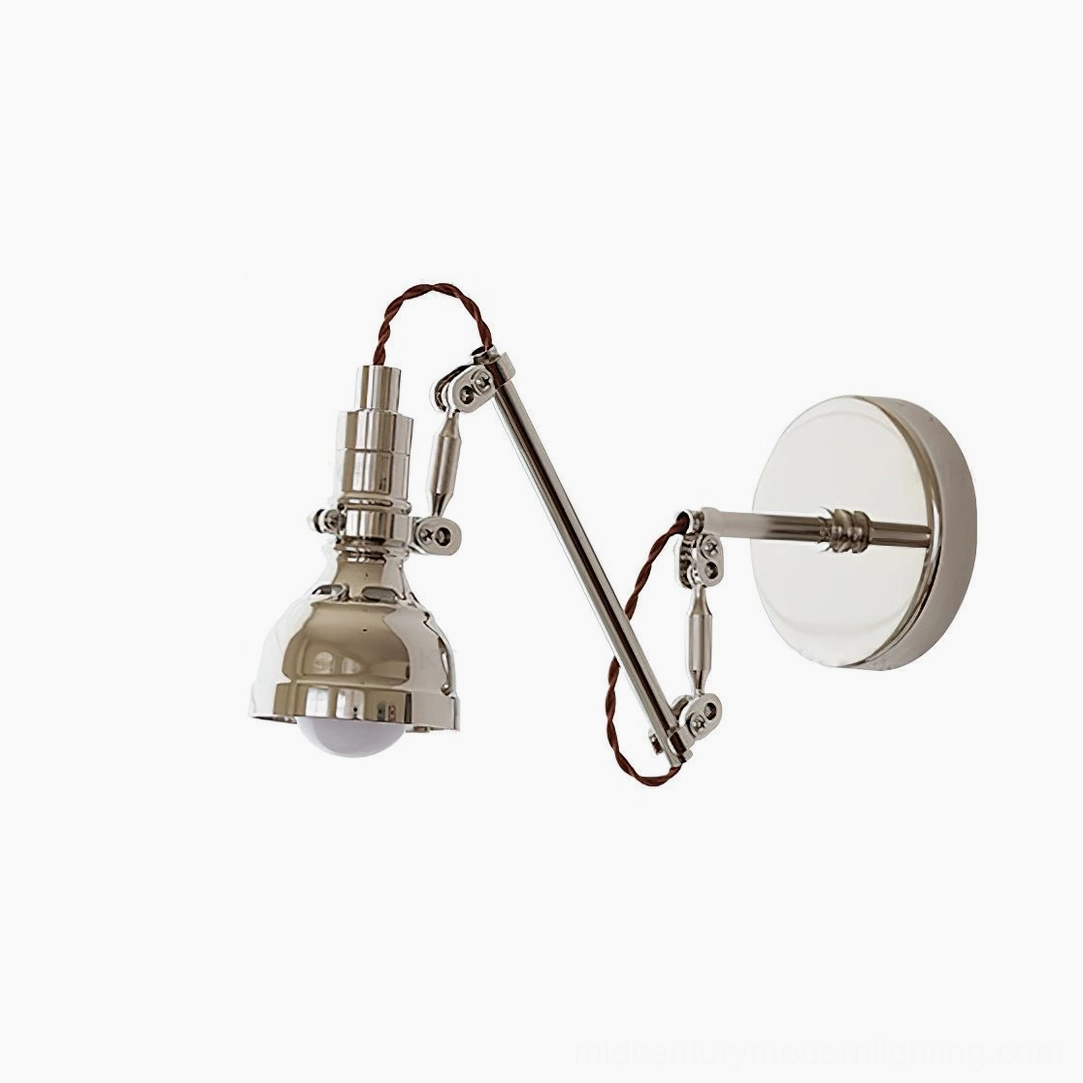 Model A adjustable swing arm wall sconce, polished chrome metal construction, mid-century modern design