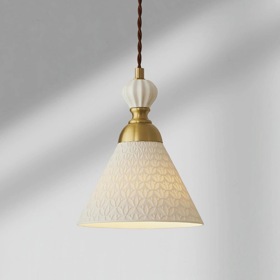 Model A ceramic pendant light with ruffled petal silhouette in standard 17cm size