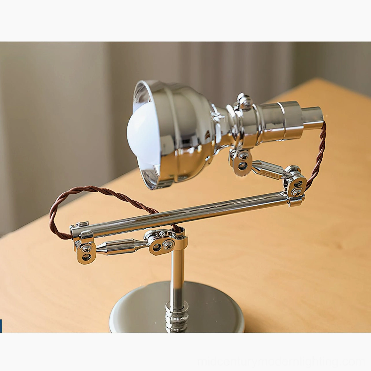Full view of industrial swing arm wall lamp with Model A configuration, contemporary interior styling