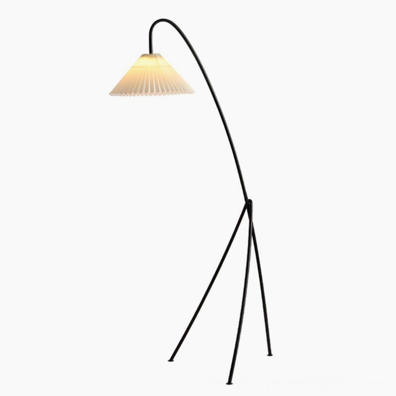 Model B arc tripod floor lamp variant in modern interior, complete design overview showing pleated shade and metal frame construction