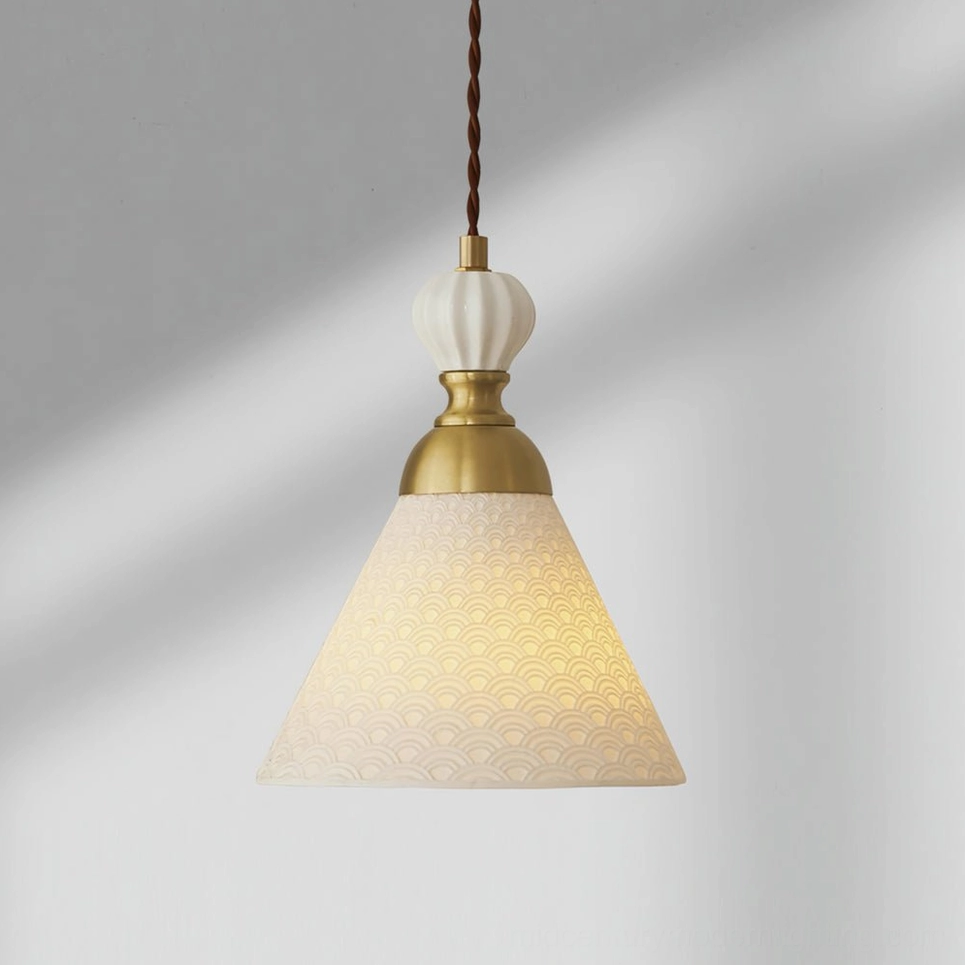 Model B sculptural ceramic pendant light with variant silhouette and brass hardware