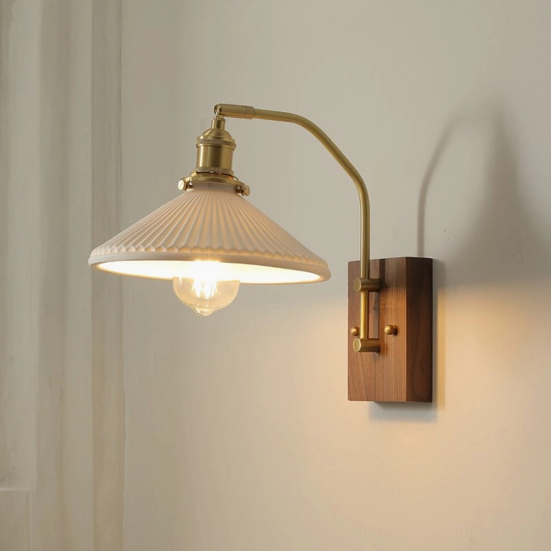 Model B mid-century modern brass and walnut wall sconce with larger ribbed ceramic shade variant