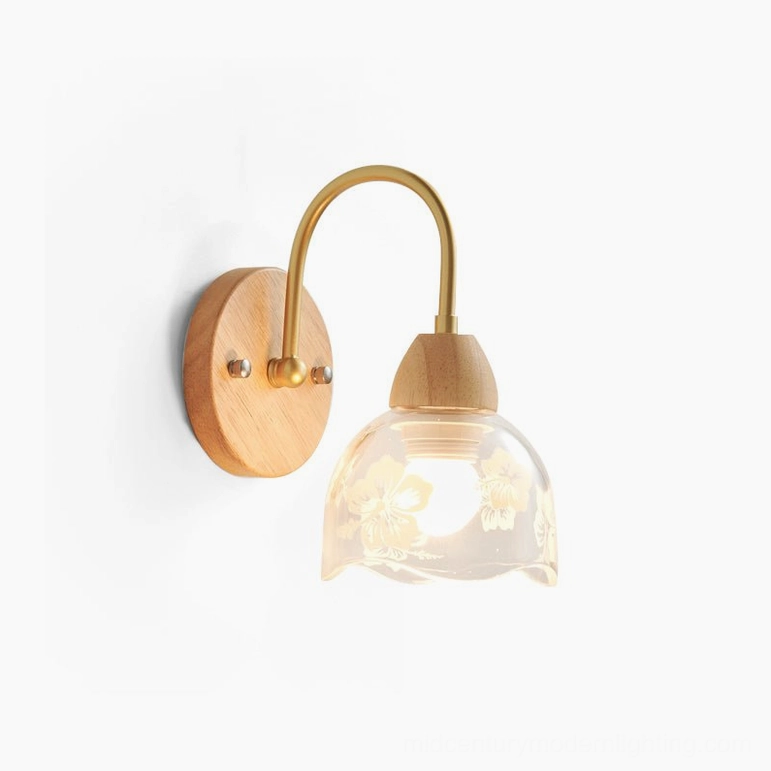 Model B wooden floral wall sconce with clear etched glass and natural wood finish