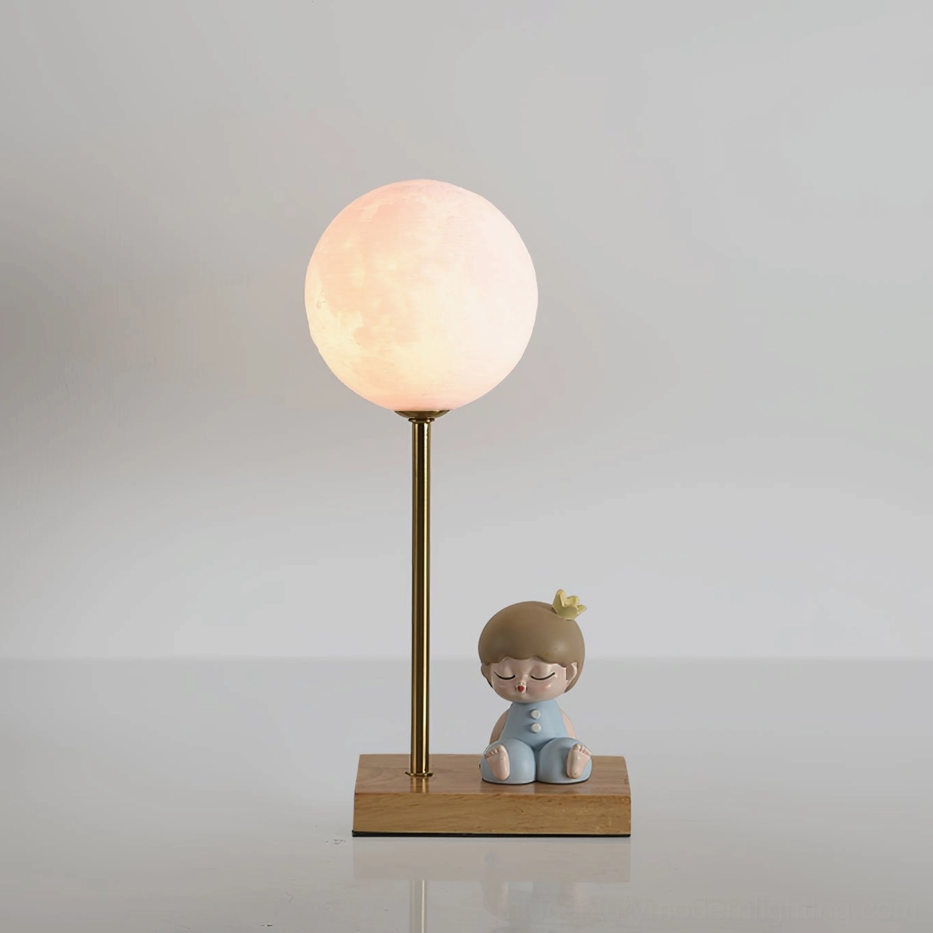 Model C astronaut moon table lamp full product view gold and wood color variant with white lampshade