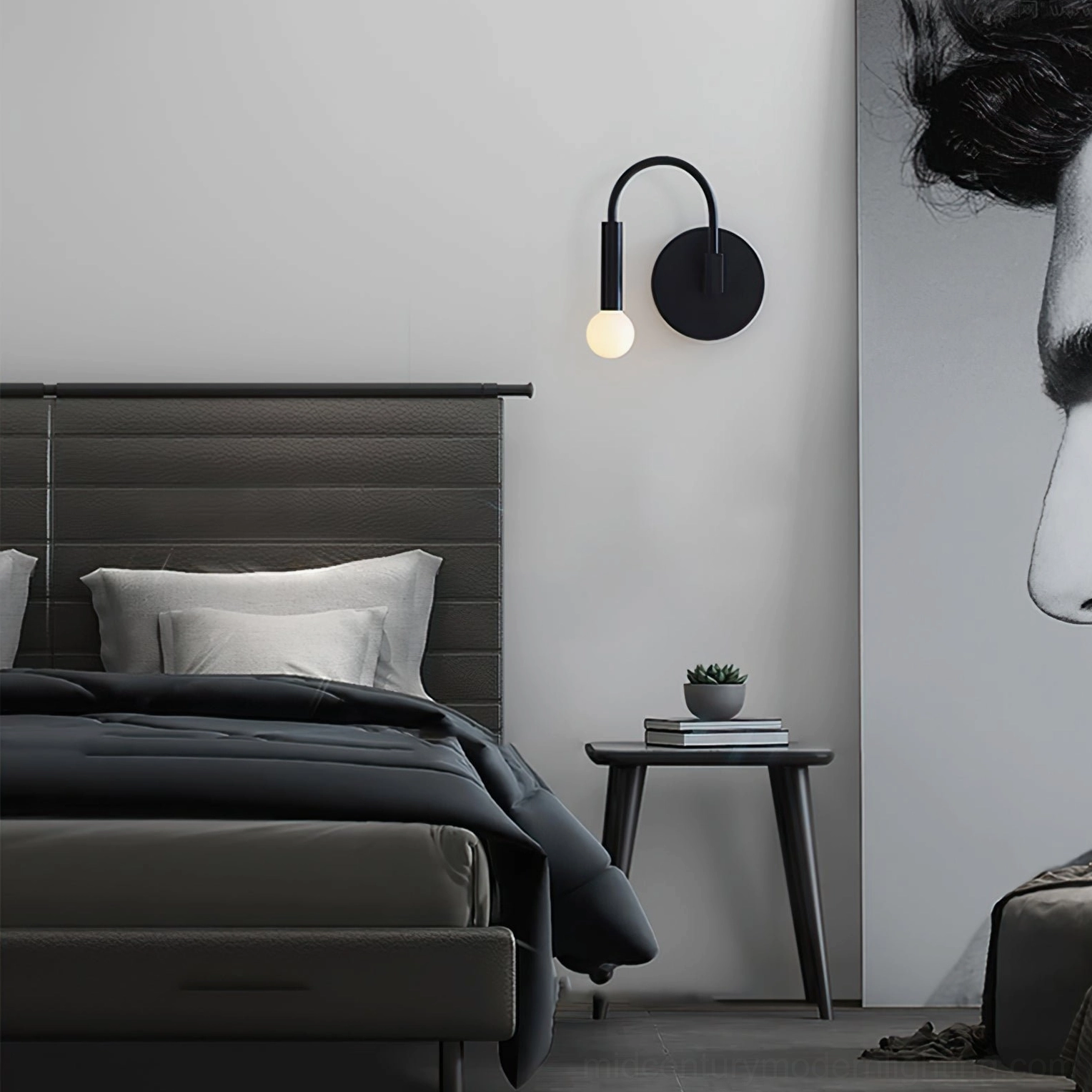 Arch wall lamp beside dark wood headboard in minimalist bedroom interior