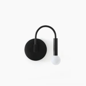 Modern arch wall sconce with matte black metal frame and frosted glass globe, front view on white background