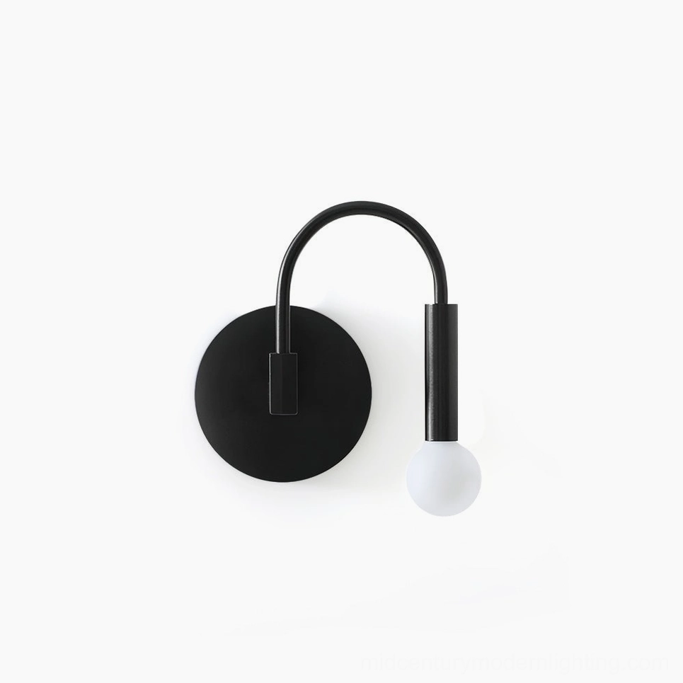 Modern arch wall sconce with matte black metal frame and frosted glass globe, front view on white background