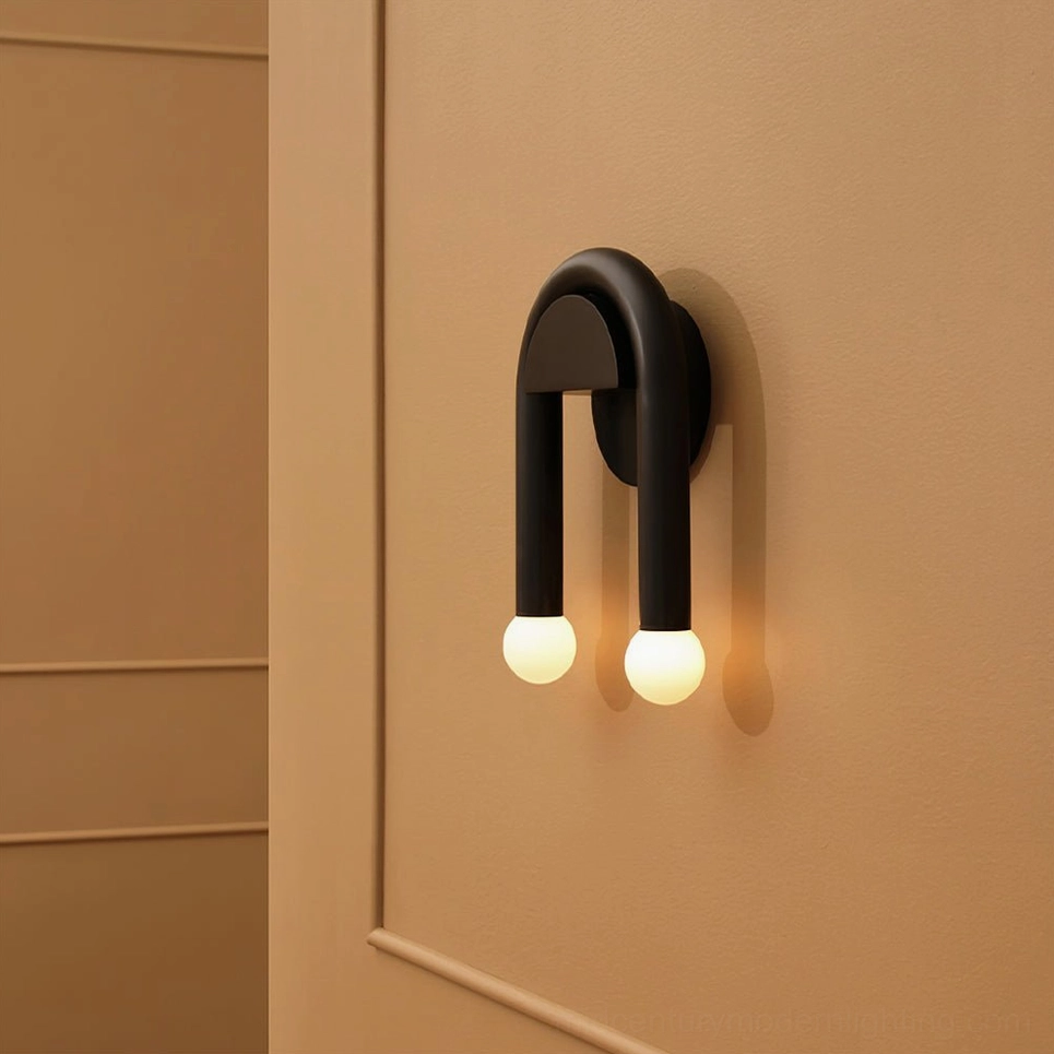Contemporary arched wall lighting fixture showcasing minimalist metal construction and dual-light functionality