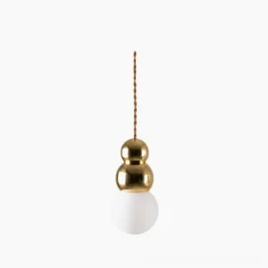 Modern ball pendant light with frosted glass sphere and twisted brown cord, polished gold finish front view