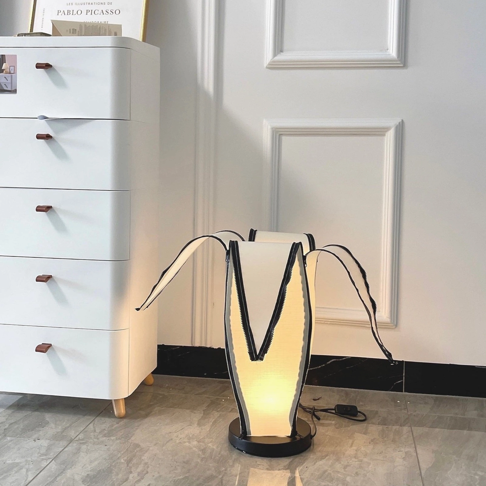 Modern adjustable banana table lamp with zip-down fabric shade for customizable lighting