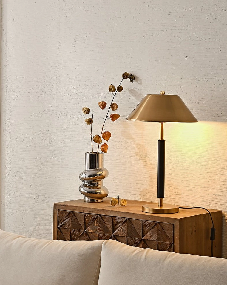 Bedroom bedside table lamp with dried flowers, contemporary minimalist aesthetic