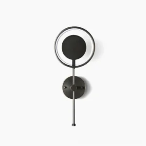 Modern black ring LED wall lamp with dual concentric circles, front view on studio background showcasing minimalist design